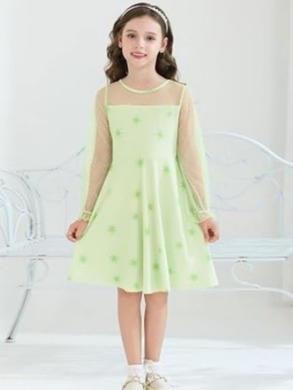 Girls Contrast Mesh Long Sleeve High Waist A Line Short Dress with Pocket Green